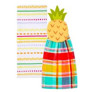 Set of 2 Tropical Pineapple Kitchen Towels Tie Top Sweet Fruit Bright Plaid